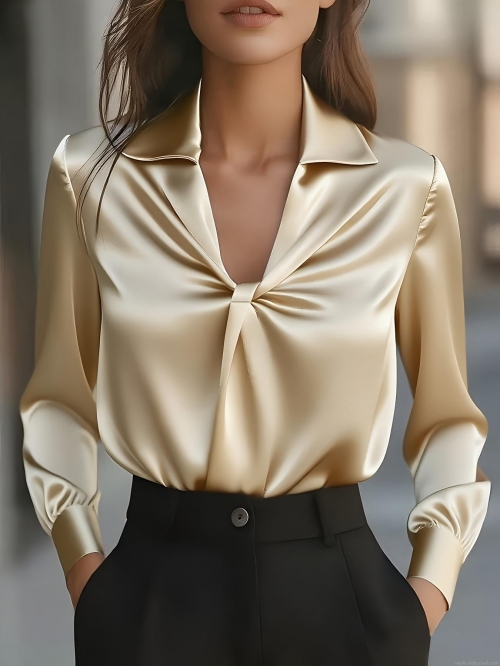 Elegant Women V Neck Satin Blouse Solid Color Long Sleeve Pullover Shirt with Twist Knot Front Detail for Office Lady Commute Silk-like Polyester Top