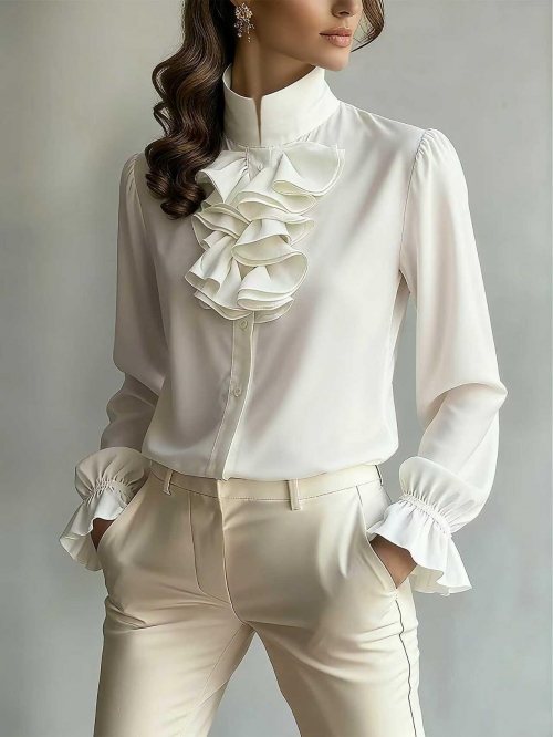 Women's Elegant Ruffle Stand Collar Blouse Polyester Chiffon Long Sleeve Lantern Cuff Solid Color Single Breasted Shirt For Office Commuter Ladies Fashion Tops