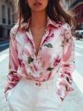 Women's Elegant Pink Floral Print Satin Shirt Long Sleeve Stand Collar Button Down Blouse Office Commuter Casual Fashion Tops Silky Texture Loose Fit Apparel