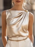 Women's Elegant Champagne Gold Satin Sleeveless Blouse With Draped Neckline Metallic Button Solid Color Slim Fit Commuter Office Top High Quality Polyester Tank Top