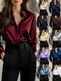 Women Elegant Satin V-Neck Long Sleeve Blouse Silky Button Down Shirt Professional Office Commute Autumn Loose Top Fashion Blouse For Women