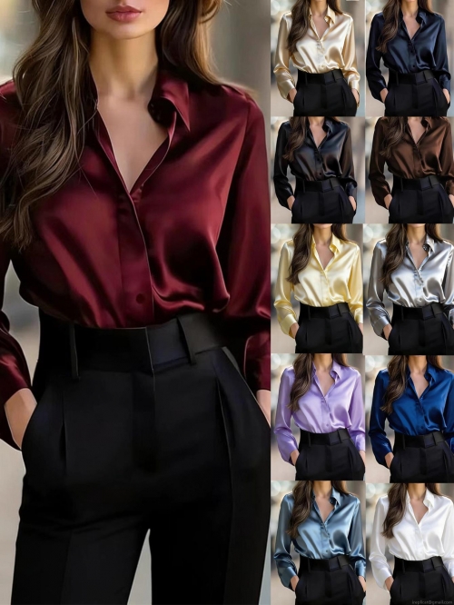 Women Elegant Satin V-Neck Long Sleeve Blouse Silky Button Down Shirt Professional Office Commute Autumn Loose Top Fashion Blouse For Women