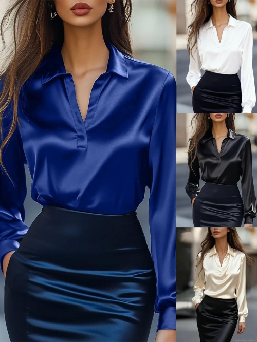 Women Elegant Long Sleeve Satin Blouse Solid Color V Neck Office Shirt Silk Texture Polyester Commute Tops For Women Work Daily Wear