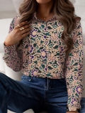 Elegant Retro Floral Print Blouse For Women V Neck Single Breasted Long Sleeve Bohemian Polyester Shirt For Commuting Office Daily Wear