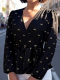 Elegant Women's Black Deep V-Neck Blouse With Golden Bow Print Puff Sleeve Tie Waist Slim Fit Polyester Shirt For Office Commuting Party Lady