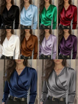Elegant Women's Satin Wrap V-Neck Blouse Silk Like Long Sleeve Professional Office Shirt With Side Pearl Buttons Slim Fit Solid Color Work Top