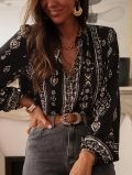 Vintage Printed Blouse Women Long Sleeve Polyester V-Neck Button Down Shirt Bohemian Ethnic Style Casual Tops For Spring Autumn