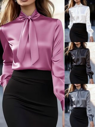 Women's Elegant Satin Blouse Long Sleeve Bow Tie Neck Silk Like Solid Color Slim Fit Shirt Office Commute Tops