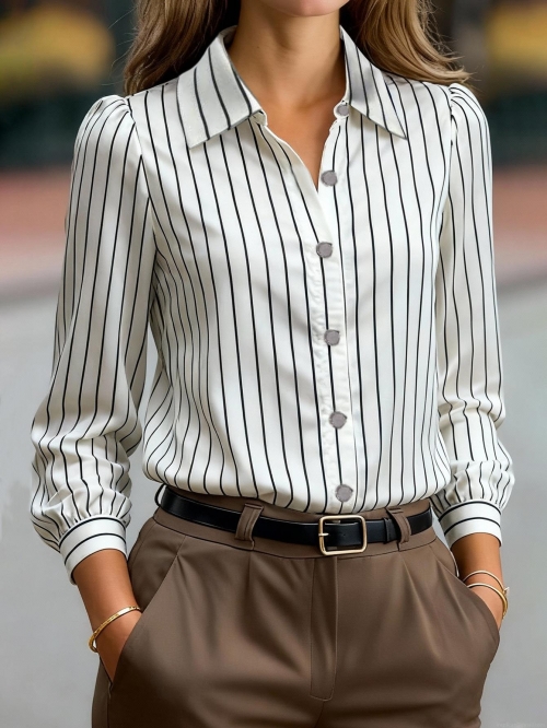Women's Black White Vertical Striped Satin Blouse Long Sleeve Lapel Button Down Office Commuter Shirt Soft Silky Professional Work Tops Elegant Classic Fashion Blouse