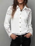 Women Elegant Lace Patchwork Long Sleeve Shirt Turn-down Collar Button Down Blouse Hollow Out Office Commute Polyester Solid Color Tops
