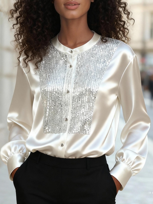 Women's Elegant Sequin Splicing Satin Blouse Round Neck Long Sleeve Drop Shoulder Loose Shirt For Commute Office Party White