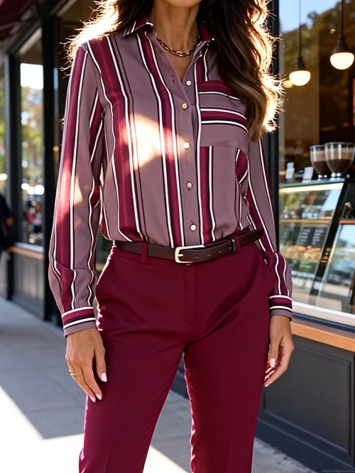 Women's Striped Long Sleeve Blouse Elegant Polyester Button Up Shirt For Office Work Casual Daily Wear 2025 Fashion Color Block Tops
