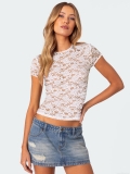 Women's Sexy Lace Hollow Out Short Sleeve Top Slim Fit Round Neck Floral Sheer Mesh Blouse For Summer Streetwear Clubwear Fashion