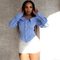 Women Off Shoulder Striped Shirt Polyester Elastane Long Sleeve Slim Fit Blouse Sexy Large Lapel Button Down Top For Summer Casual Streetwear