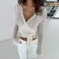 Women Sexy Lace V-Neck Wrap Top Flare Sleeve Hollow Out Flower Embroidery Tie Waist Blouse Party Clubwear Shirt