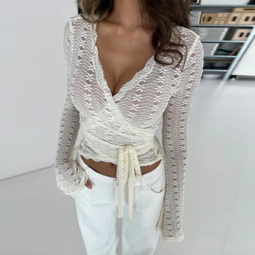 Women Sexy Lace V-Neck Wrap Top Flare Sleeve Hollow Out Flower Embroidery Tie Waist Blouse Party Clubwear Shirt