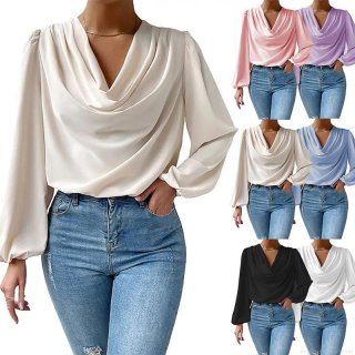 Women's Cowl Neck Chiffon Blouse Elegant Satin Long Sleeve Lantern Sleeve Shirt Loose Casual Office Top Pullover For Women Solid Color Pleated Design Soft Comfortable Breathable Spring Autumn Fashion Blouse