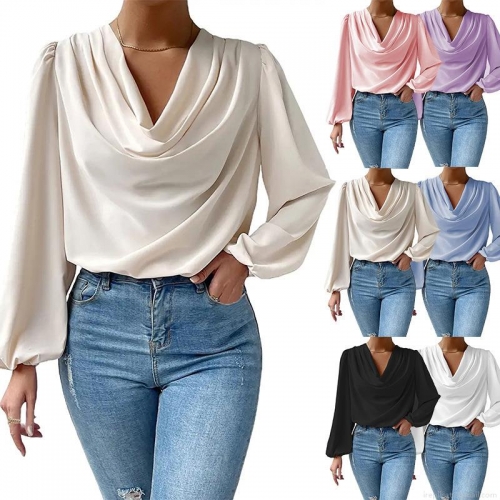 Women's Cowl Neck Chiffon Blouse Elegant Satin Long Sleeve Lantern Sleeve Shirt Loose Casual Office Top Pullover For Women Solid Color Pleated Design Soft Comfortable Breathable Spring Autumn Fashion Blouse