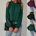 Women's Elegant Chiffon Blouse Cold Shoulder Frill High Neck Long Sleeve Solid Color Fashion Tops For Commuter Party