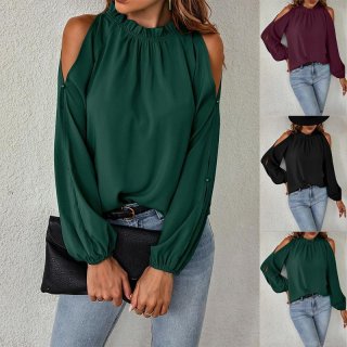 Women's Elegant Chiffon Blouse Cold Shoulder Frill High Neck Long Sleeve Solid Color Fashion Tops For Commuter Party
