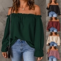 Women's Off-the-Shoulder Chiffon Blouse Sexy Solid Color Long Sleeve Ruffle Top Loose Casual Streetwear Shirt With Bell Sleeves