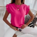 Women's Elegant Chiffon Blouse Solid Color Round Neck Flutter Petal Sleeve Ruffle Summer Top Casual Sweet Office Lady Shirt