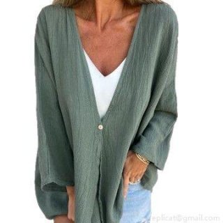 Women's Loose V-Neck Long Sleeve Blouse Casual Solid Color Crinkle Texture Cardigan Top Polyester Spandex Single Button Shirt For Women Daily Commute Vacation