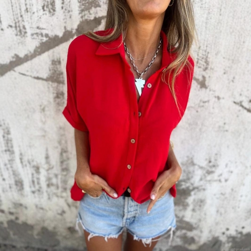 Women's Casual Short Sleeve Button Down Shirt Polyester Spandex Blend Cotton Linen Texture Lapel Collar Loose Fit Blouse Top For Office Daily Wear