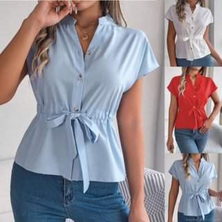 Women Elegant V Neck Short Sleeve Chiffon Shirt With Waist Tie Belt Summer Solid Color Button Down Commuter Blouse Top