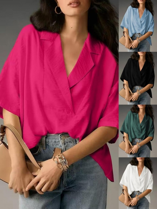 Women Summer Short Sleeve Blouse Elegant Lapel V Neck Satin Silk Texture Loose Fit Casual Top Solid Color Pullover Shirt For Office Commute Ladies Fashion