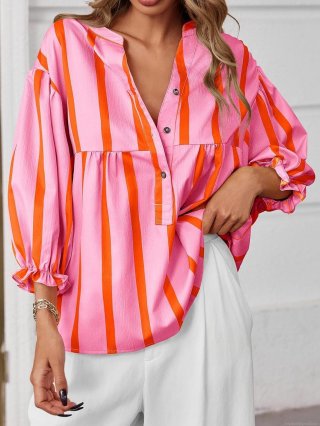 Women's Striped V Neck Shirt Bubble Sleeve Loose Blouse Summer Autumn Commuter Tops Polyester Spandex Casual Striped Button Shirt For Women