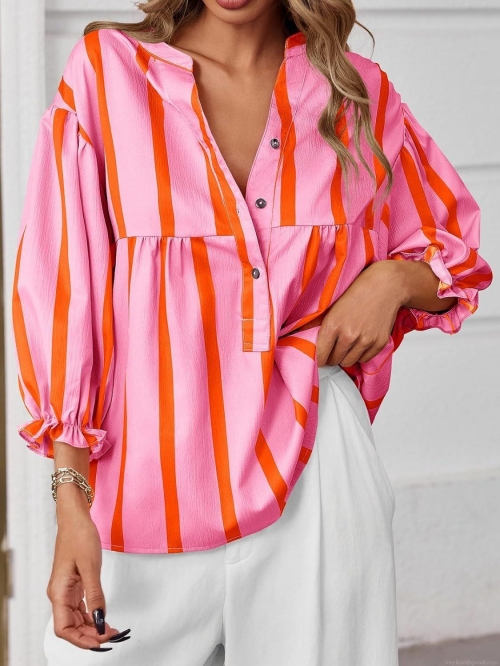 Women's Striped V Neck Shirt Bubble Sleeve Loose Blouse Summer Autumn Commuter Tops Polyester Spandex Casual Striped Button Shirt For Women
