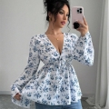 Women Floral Print V-Neck Blouse Long Flare Sleeve High Waist Tie Peplum Top Elegant Polyester Spandex Boho Sweet Casual Shirts