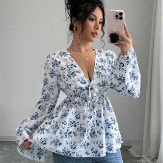 Women Floral Print V-Neck Blouse Long Flare Sleeve High Waist Tie Peplum Top Elegant Polyester Spandex Boho Sweet Casual Shirts
