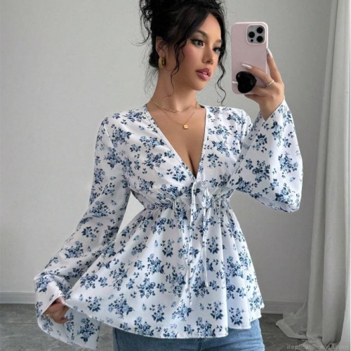 Women Floral Print V-Neck Blouse Long Flare Sleeve High Waist Tie Peplum Top Elegant Polyester Spandex Boho Sweet Casual Shirts