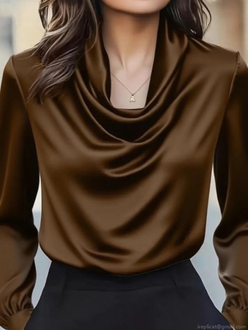 Women's Elegant Cowl Neck Satin Blouse Fashion Long Sleeve Solid Color Polyester Spandex Pullover Shirt For Office Commute Party Ladies Fashion Tops