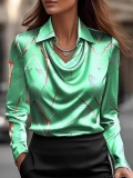 Women's Elegant Satin Cowl Neck Blouse Autumn Long Sleeve Printed Leaf Pattern Shirt Office Commuter Faux Silk Top