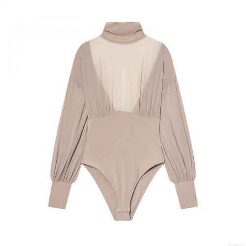 Sexy Backless Mesh Patchwork Bodysuit Women Half High Neck Long Sleeve Draped Back Slim Fit Leotard Jumpsuit Top Streetwear Party Clubwear