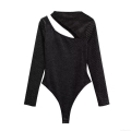 Women's Sexy Black Velvet Glitter Bodysuit Long Sleeve Cut Out Asymmetric Neck One Piece Bodycon Top Streetwear Party Clubwear