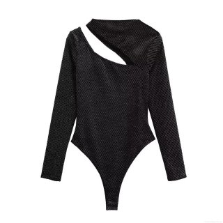 Women's Sexy Black Velvet Glitter Bodysuit Long Sleeve Cut Out Asymmetric Neck One Piece Bodycon Top Streetwear Party Clubwear