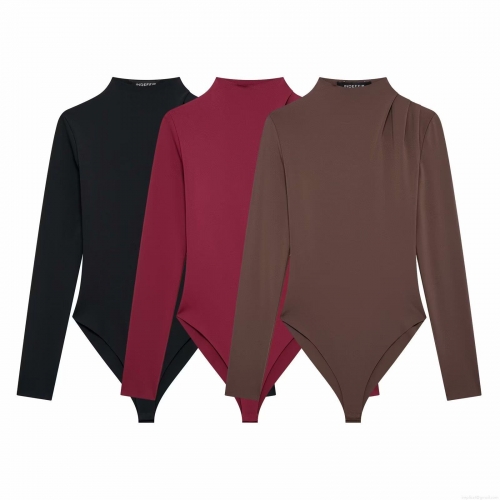 Women's Fashion Stretchy Ruched Long Sleeve Bodysuit Mock Neck Slim Fit Polyester Jumpsuit Casual One Piece Party Streetwear Chic Top