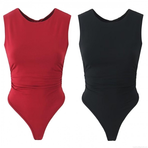 Women Sexy Sleeveless Bodysuit Backless Hollow Out Ruched Waist Rayon Spandex Round Neck Slim Fit One Piece Jumpsuit Streetwear Fashion Top