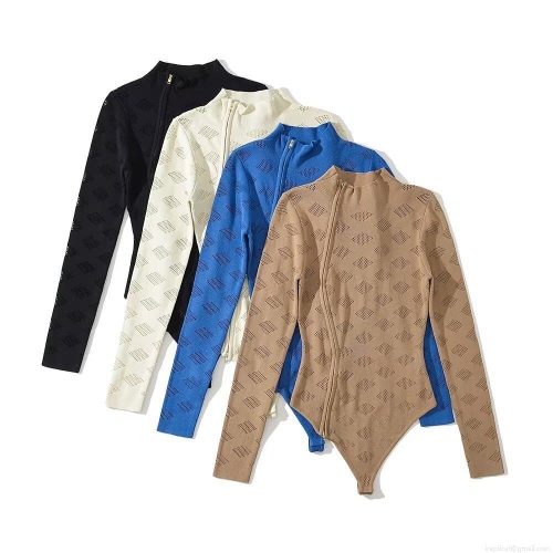 Women's Long Sleeve Bodysuit Knit Rayon Nylon Hollow Out Diamond Pattern Diagonal Double Zipper Stand Collar Slim Fit Jumpsuit Streetwear Tops