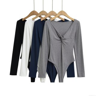 Women's Sexy Deep V Neck Long Sleeve Bodysuit With Twist Front Knotted Design Slim Fit Solid Color Polyester Ribbed Knit Jumpsuit Romper For Clubwear Party Casual Tops