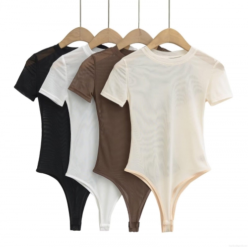 Women's Sexy See-Through Polyester Mesh Bodysuit Round Neck Short Sleeve Solid Color Slim Fit Jumpsuit Leotard Top For Streetwear Daily Wear