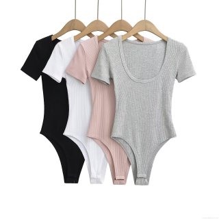 Women's U-Neck Short Sleeve Ribbed Bodysuit Slim Fit Stretchy Leotard Jumpsuit Casual Summer Streetwear Tee Top For Ladies