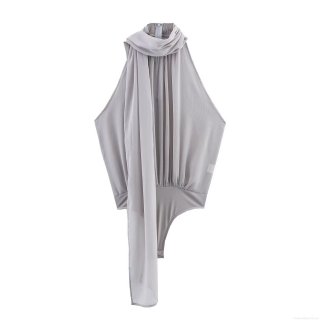 Women's Halter Neck Chiffon Bodysuit Sleeveless Pleated Jumpsuit With Scarf Streamer Elegant Backless Bodysuit For Party Summer Streetwear Grey