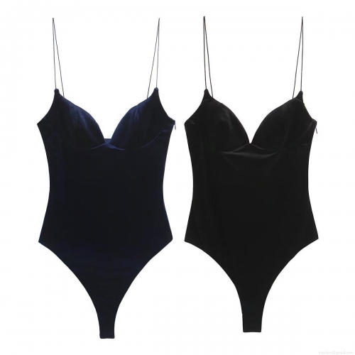 Women Sexy Velvet Backless Bodysuit Spaghetti Strap V-Neck Bodycon Jumpsuit Slim Fit Polyester Top For Party Clubwear Streetwear Solid Color Leotard