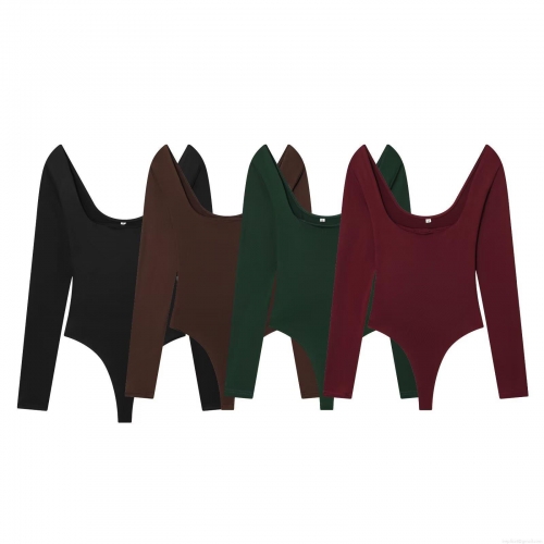 Women's Square Neck Long Sleeve Bodysuit High Stretch Spandex Synthetic Knit Fabric Slim Fit Solid Color Thong Bottom Bodysuits Sexy Basic Jumpsuit Tops For Daily Wear Party