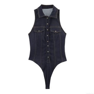 Women Dark Blue Denim Sleeveless Lapel Bodysuit Metal Buttons Contrast Stitching Slim Fit Casual One Piece Romper Top